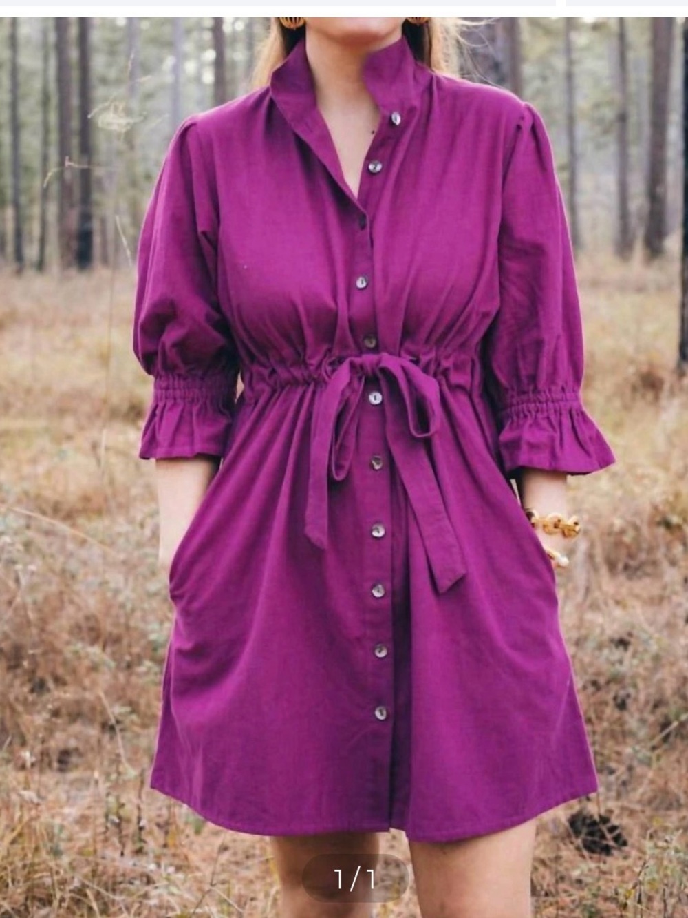 Holly Shae Stella Corduroy Button-Front Tie-Waist Dress in Burgundy Size M/L